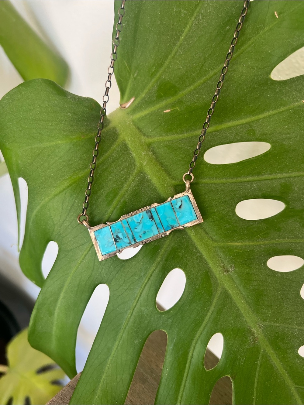 16in Navajo Kingman Turquoise Bar Necklace - Women Jewelry